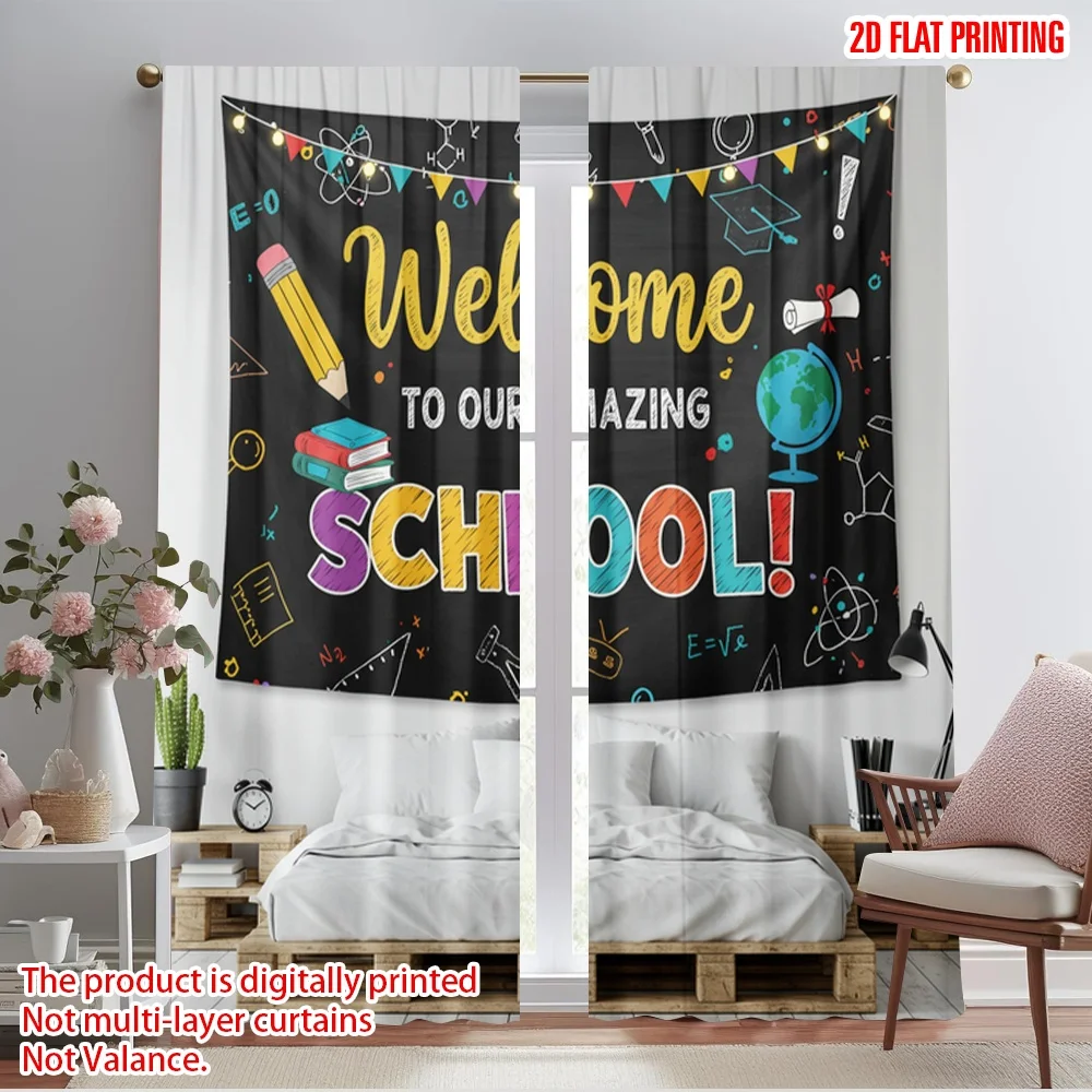 

2pcs 2D flat printing Curtains Welcome School Banner Fabric Without Electricity All Season Party & Holiday Decor Use for