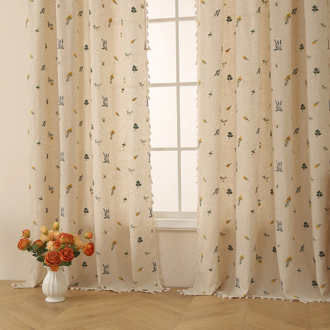 Vintage Wildflower Print Linen Curtain, Fringe Tassel Trim, Rod Pocket Semi Sheer Window Curtains for Farmhouse Room Decoration