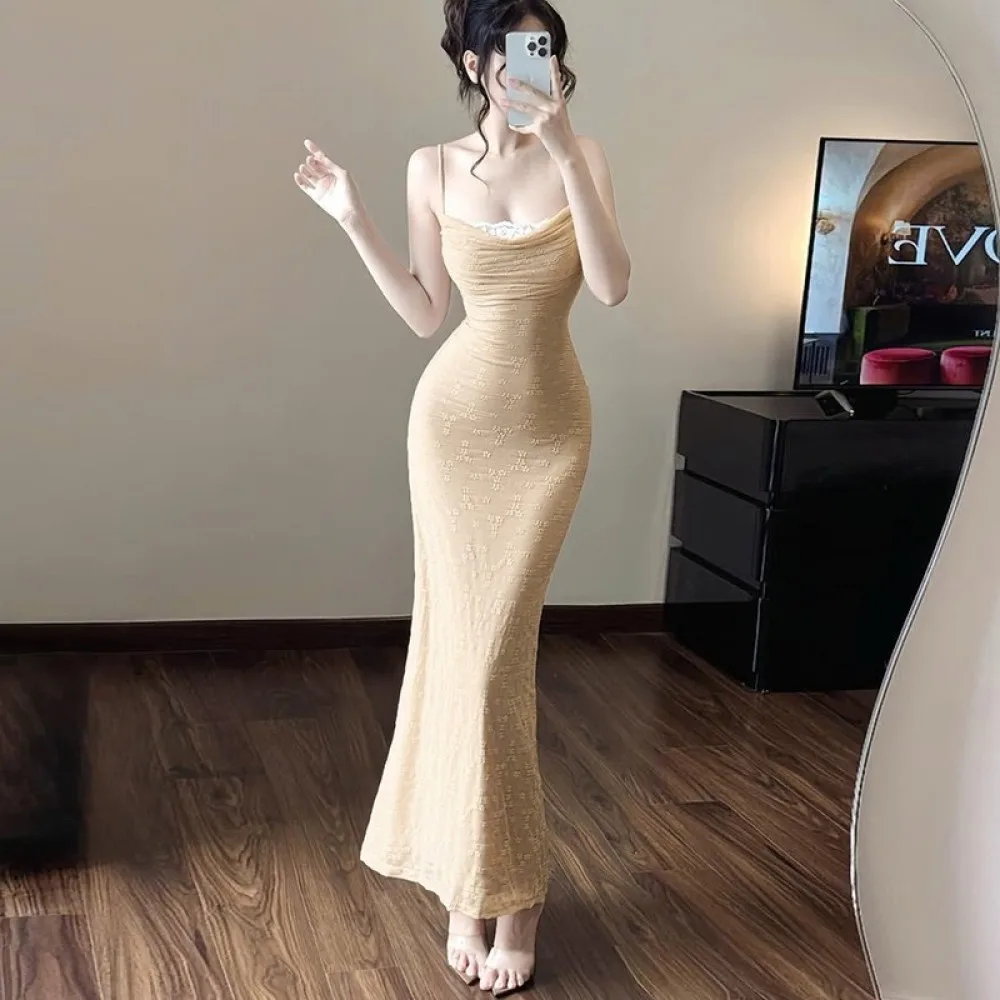 SylCue-maxivestido elegante fruncido para mujer, vestido Sexy de malla con cuello cuadrado y escote en forma de cintura, vestido ajustado estilo novia