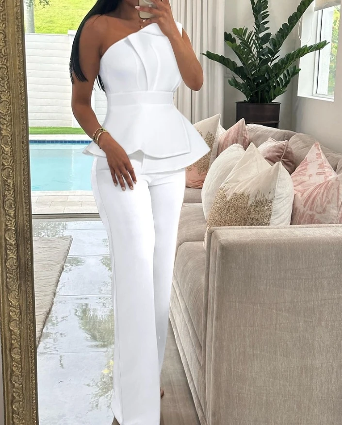 Two Piece Set Women Outfit Summer Fashion One Shoulder Ruched Sleeveless Top & Casual High Waist Straight Leg Daily Pants Set