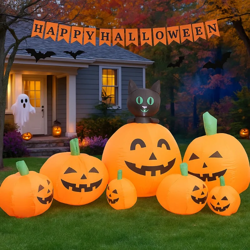 7,5 футов Хэллоуин Праздничное Освещение Тыквы Кошки Украшения Партия Надувная Модель Открытый Сад Ужасы Реквизит Крытый Домашний Декор