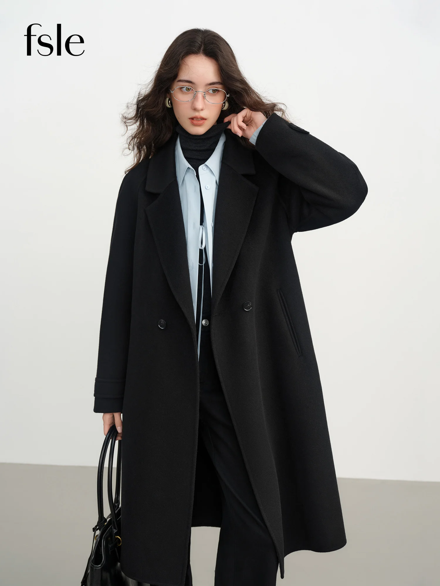 

FSLE темпераментные шерстяные пальто с рукавами реглан, женская уличная одежда, простое офисное зимнее новое шерстяное пальто 2025 года для женщин