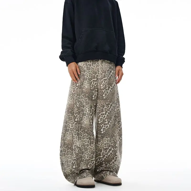 Americano retro vintage leopardo impressão faca curvada calças para homens e mulheres high-end solto silhueta até o chão unisex jeans