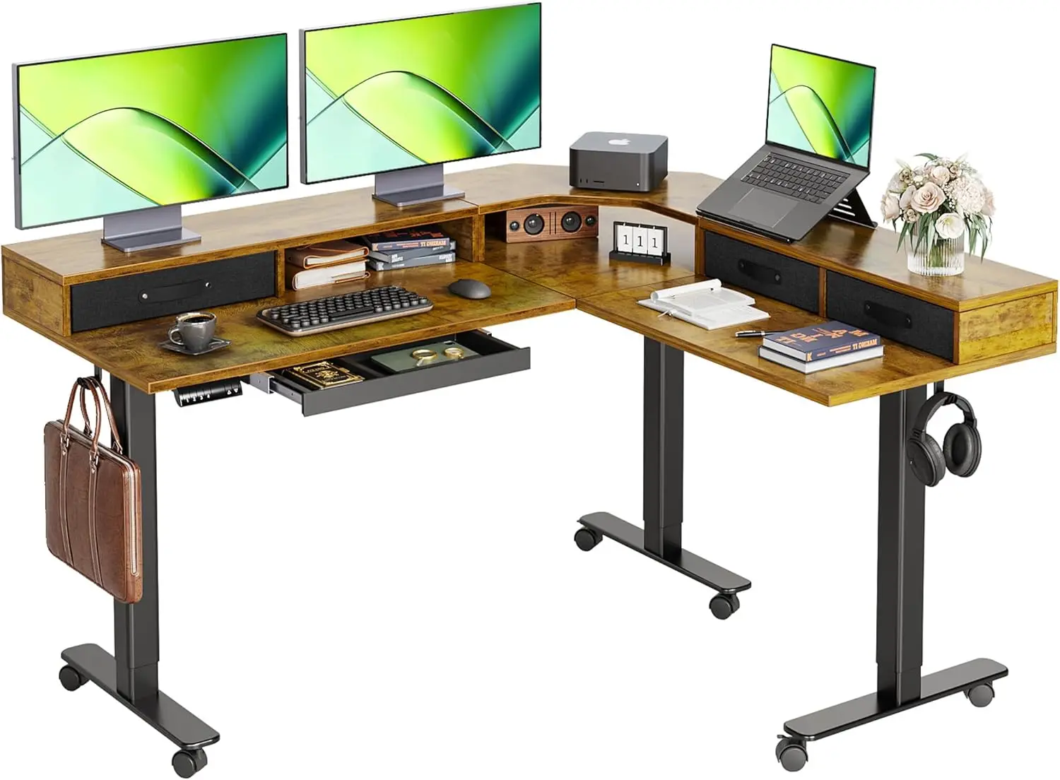 

Dual Motor 63" L Shaped Standing Desk with Drawers, Electric Height Adjustable Standing Desk with Monitor Stand & Splice