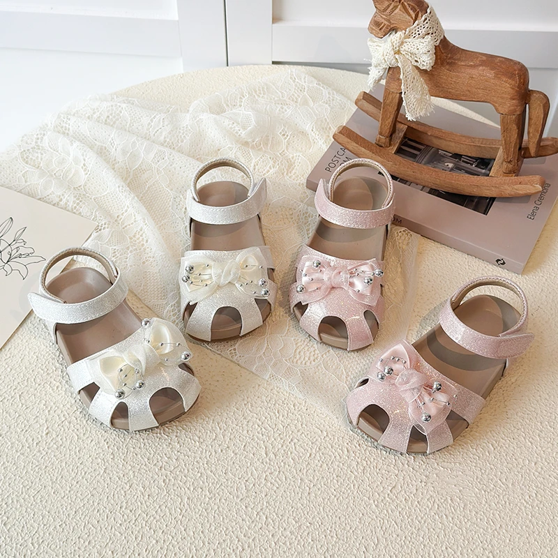 Girls Glitter Toes Capped Sandals with Bow-knot Little Kids Hollow Out Rhinestone Princess Shoe Non-Slip Baby First Walker Shoes
