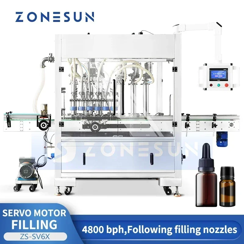 ZONESUN ZS-SV6X Riempitrice per liquidi servo a 6 teste Bottiglia ad alta velocità a movimento continuo per l'industria alimentare e bevande