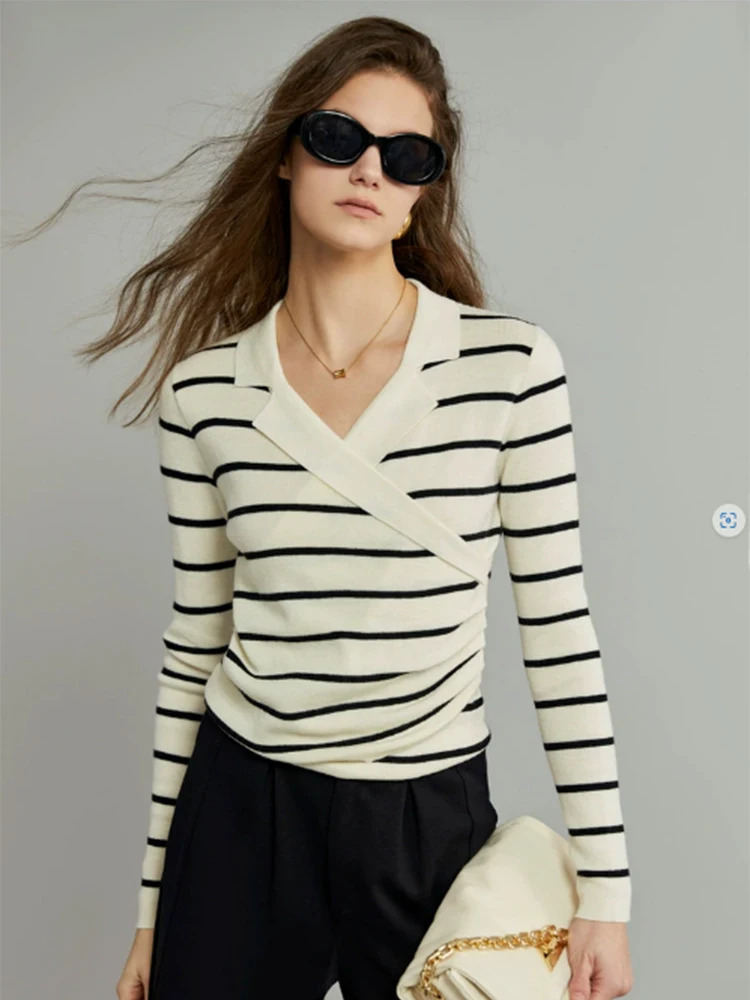 

MOLAN Striped Woman Autumn Sweater Stylish New Design Elegant V Neck Long Sleeve Fashion Outwear Female Knitted Top