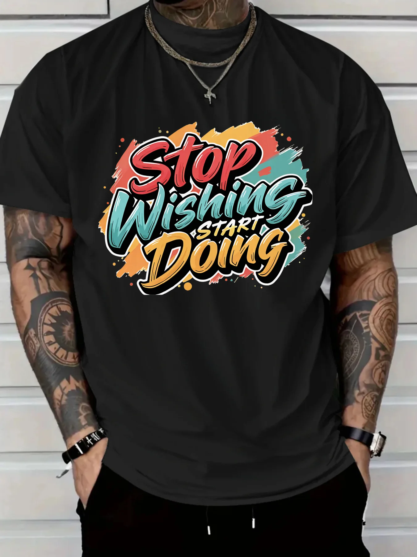 เสื้อยืดผู้ชายผ้าฝ้ายแท้พร้อมหยุดปรารถนาเริ่มทำกราฟฟิตี้สีสันสดใสพิมพ์เสื้อยืดสร้างแรงบันดาลใจทรงพอดีตัว