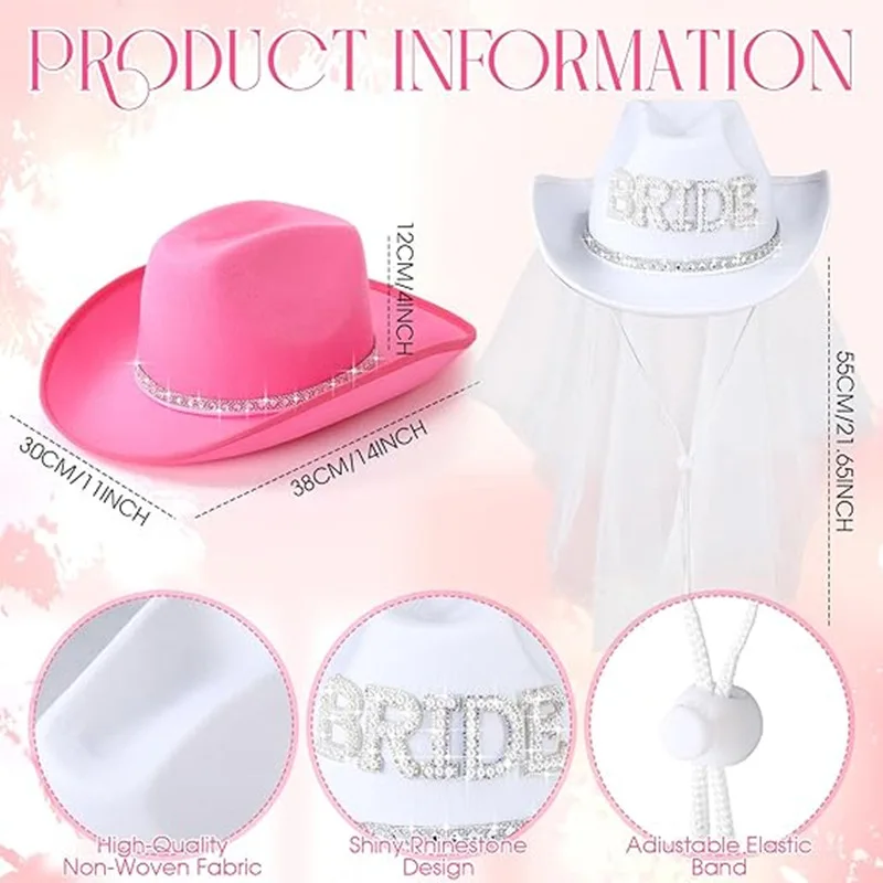 Bride Cowboy Hat Set Diamond Stripe Cowgirl Hat Bridesmaid Gifts Wedding Bridal Shower Bachelorette Party Costume Decor Supplies view 5