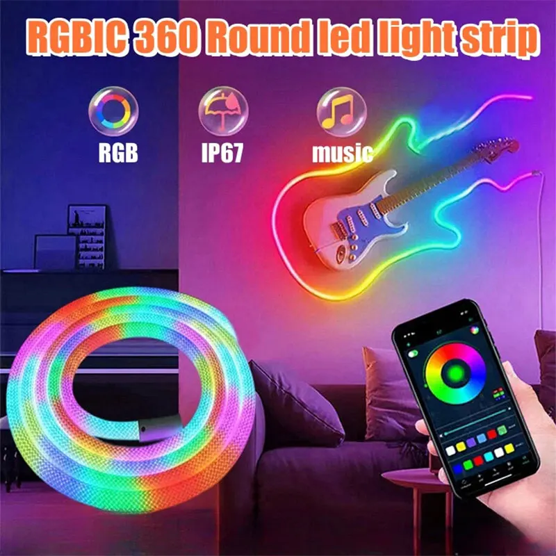 

LED Neon Light 360° Round Reticulate Pattern Flexible LED Strip Silicone Neon Rope Light Neon Strip Addressable IP67 Flex Light