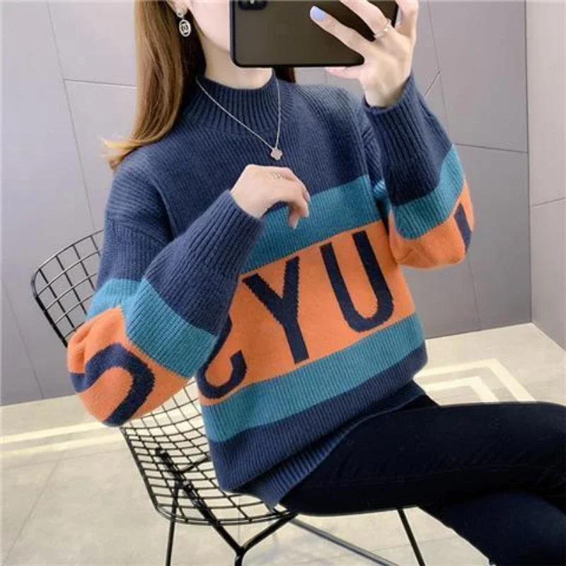 

Knitted Top for Women Striped Blue Ladies Sweaters Pullovers Long 2024 New Collection Cold Winter Y2k Vintage Clothing Fashion