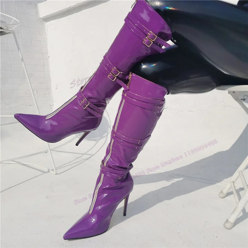 Botas hasta la rodilla de charol púrpura con cremallera frontal seis hebillas de tobillo Zapatos de moda de tacón alto fino 2025 Zapatos Para Mujer