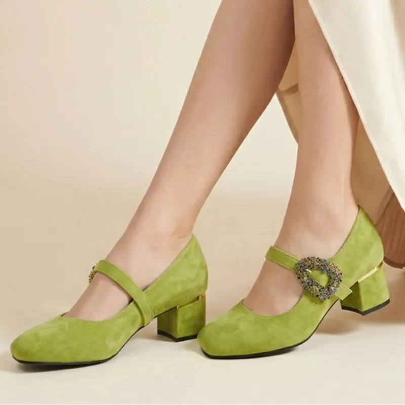 

Luxury Crystal Women's Heels Pumps Mary Janes Shoes Velvet Big Size 48 Strap Black Green Short Heeled Wedding Office Shoe Ladies
