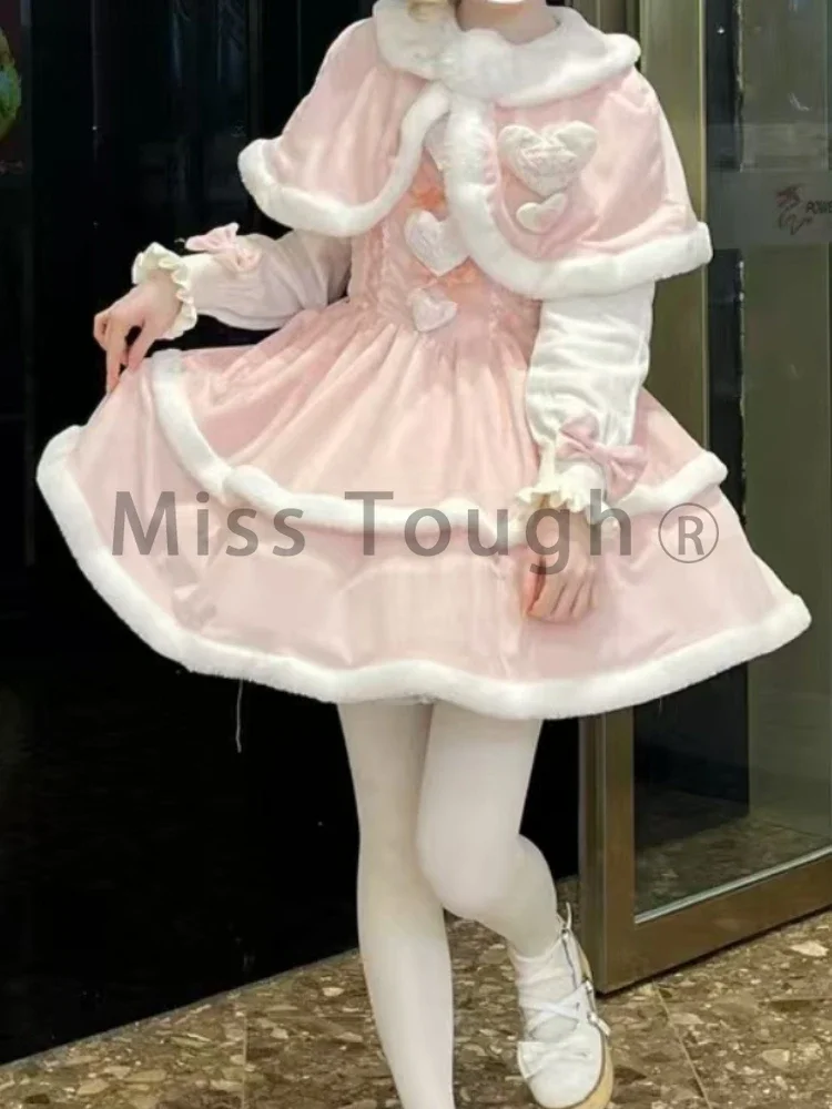 Winter Japanese Fashion Lolita Kawaii 2 Piece Set Hooded Cloak + Bow Fluffy Dress New Design Harajuku Sweet Fairy Pink Suit 2024