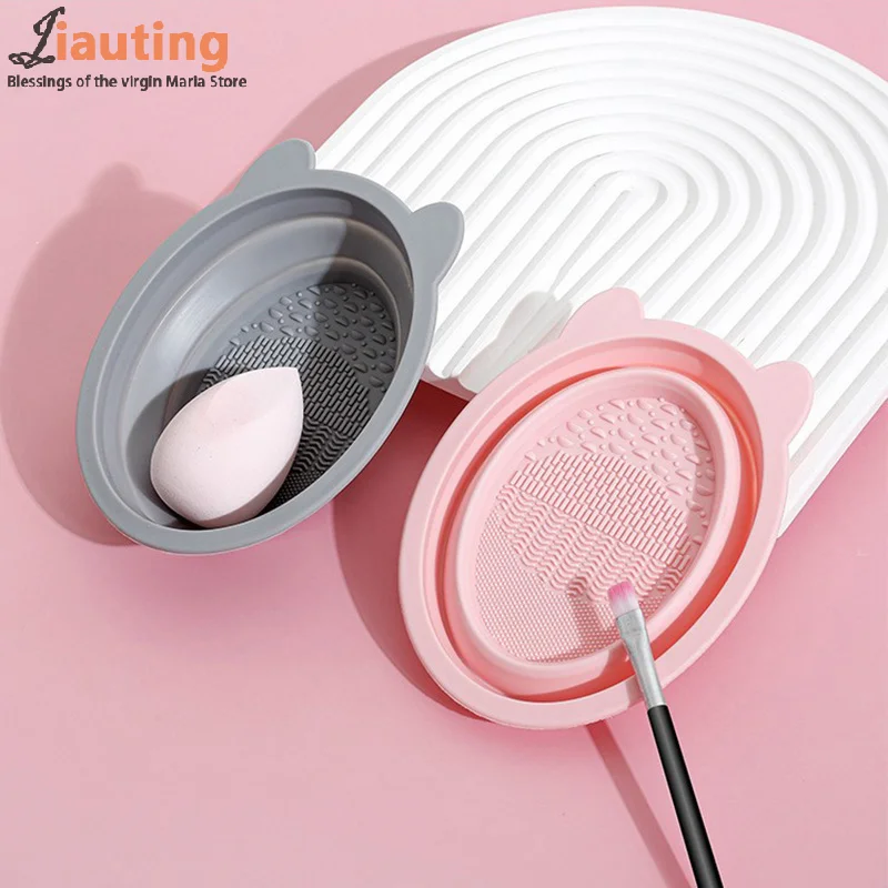 Makeup Brush Cleaning Tool Foldable Silicone Bowl Beauty Egg Cleaner Sponge Puff Washing Portable Scrub Mat Cat Ear Cosmetics