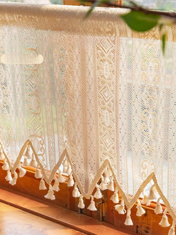 ستارة رومانسية من الدانتيل على طراز كريمي، قضيب منزلق، غطاء مقاوم للغبار، ستارة للمطبخ، ملحقات ستارة للباب من المنسوجات المنزلية #3