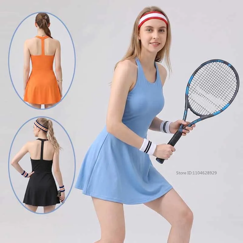 Women Backless Golf Tennis Dress with Shorts and Bra Ladies Sleeveless Quick-dry Badminton Dress Slim Sports Skirts Gym Skorts