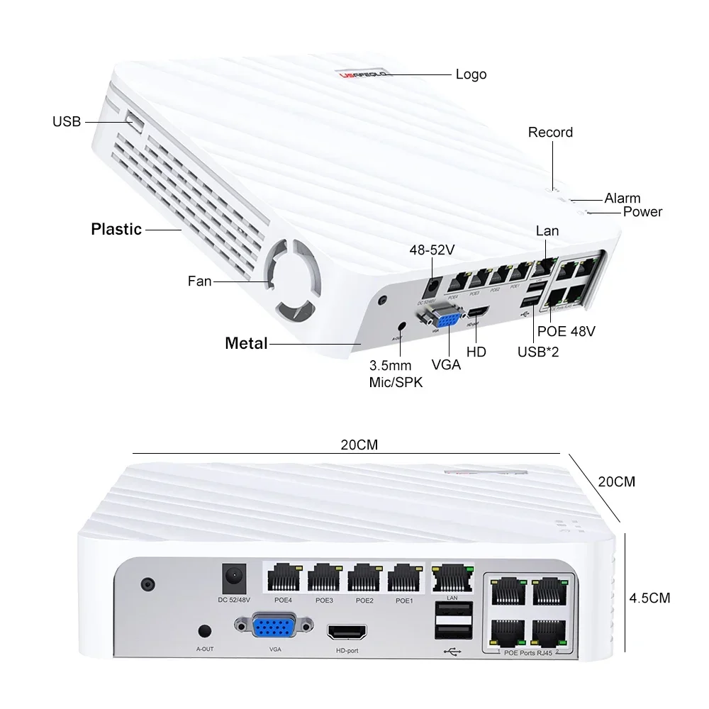 4K 8CH POE NVR 8MP POE Network Video Recorder Supports up to 8 x 8MP/4K IP Cameras 8-Channel Power Over Ethernet Face Human Car