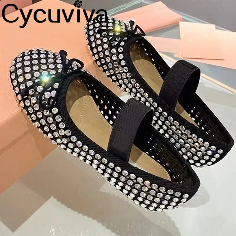 Mesh Net Rhinestone Bow Knot Ballet Flats Shoes Woman Casual Black Comfort Flat Crystal Shoes Summer Walk Dance Shoes For Women