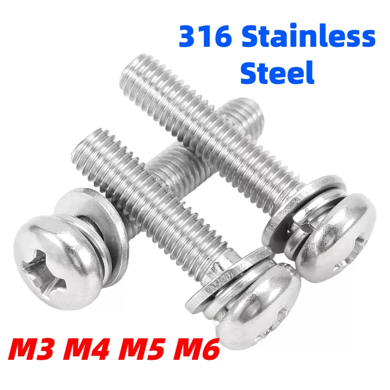 M3 M4 M5 M6 316 Stainless Steel Round Head Phillips Pan Head Screws With Flat Washers Spring Washers Assembly Bolts