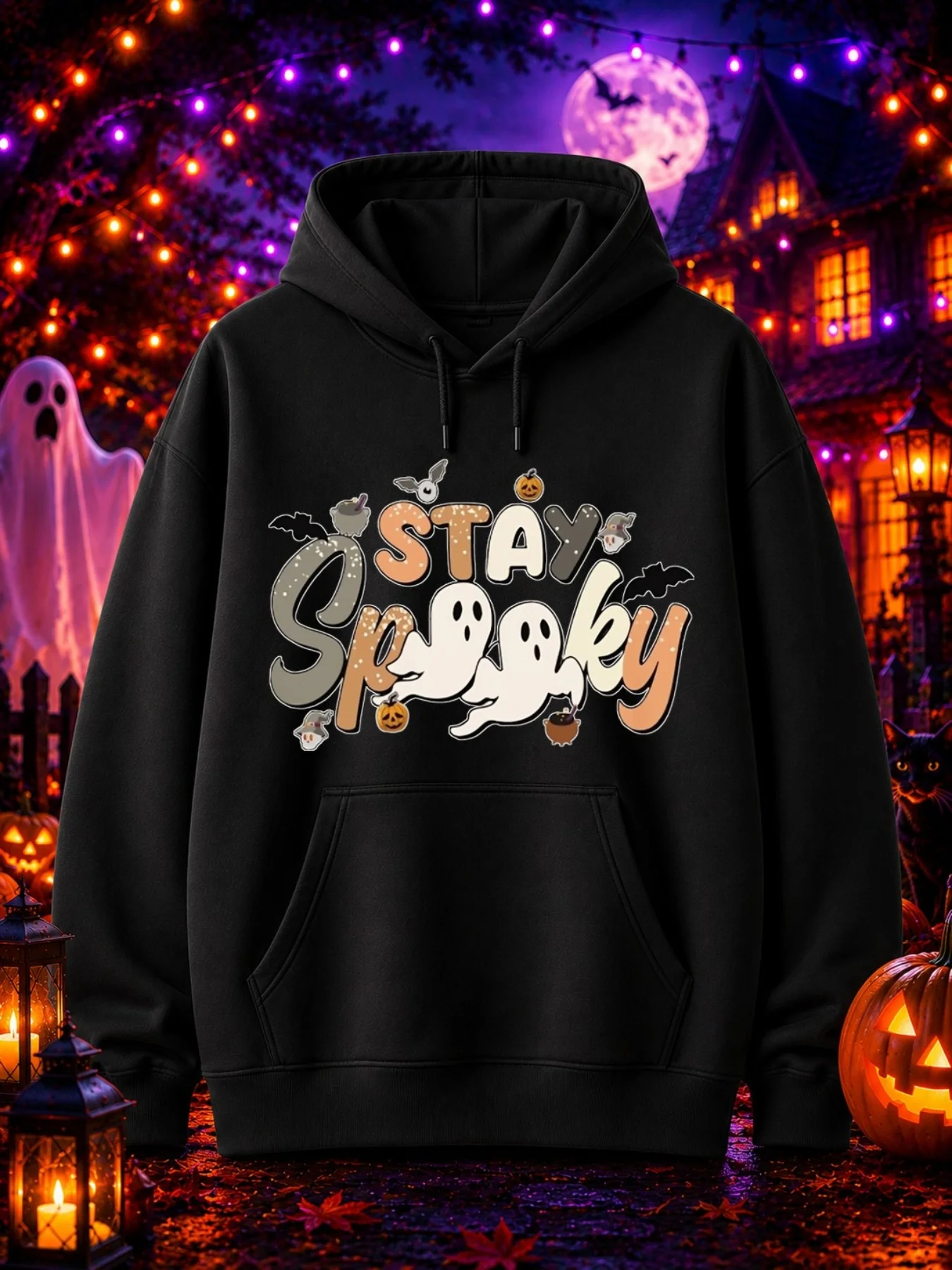 Halloween Men's Sweatshirt with Retro Horror Lettering Design, Featuring Cute Ghosts, Pumpkins, Bats, and Black Pots, on a Black Base