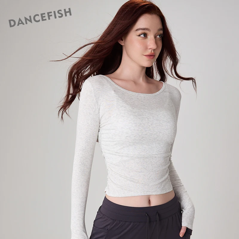 

DANCEFISH Large Round Neck Tight Hot Girl Yoga Top Pleated Slim-Fit Elegant Sportwear Long Sleeve Running Fitness Short T-Shirt