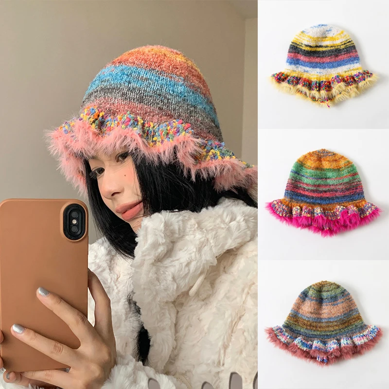 Gradient Contrast Plush Knitted Hat Ruffle Hem Warm Hat Striped Oil Painting Woolen Hat Retro Rainbow Knitted Hat