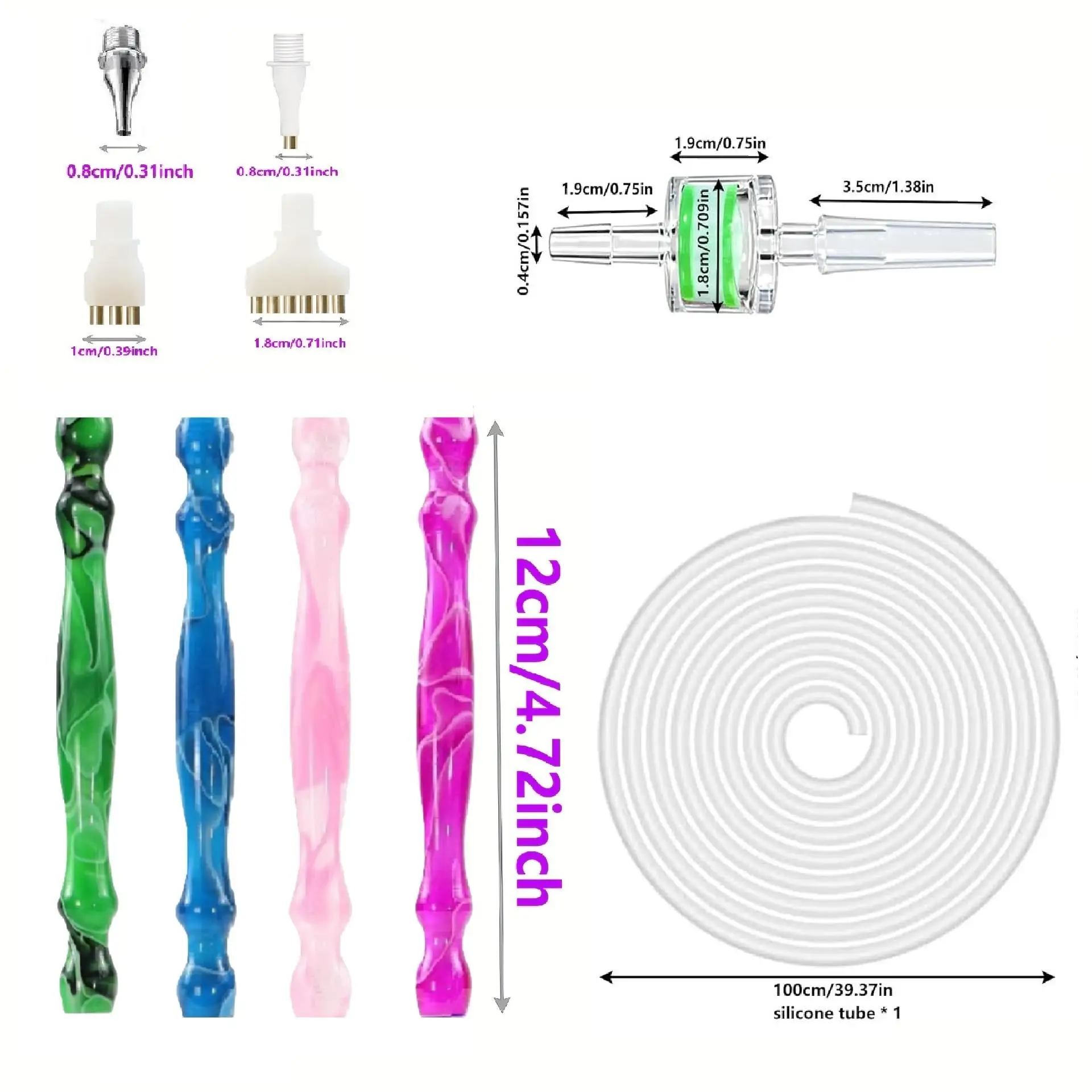 7Pcs Vacuum Diamond Pen Replacement Kit - Replacement Screw-On Diamond Pens, with Filter and 1m Silicone Tubes and Threaded Vacuum Pens (Vacuum 1/1/3/6 Tip Heads)