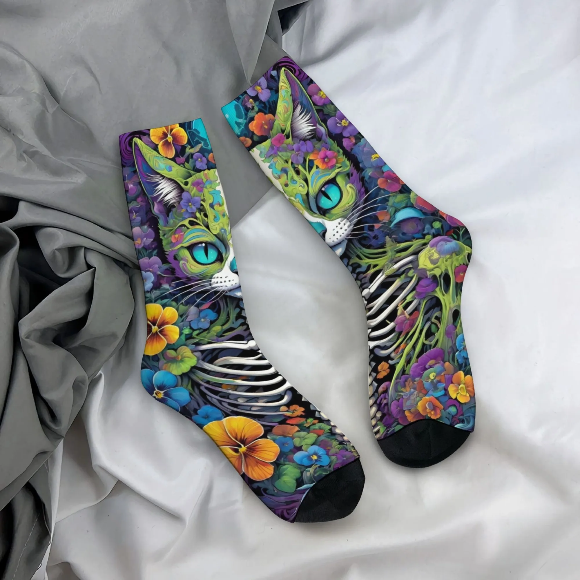 Lustige Skelett-Katzen-Socken im Harajuku-Stil, Street-Hip-Hop-Trend, Herrensocken, rutschfeste, bequeme Outdoor-Freizeit-Kompressionssocken