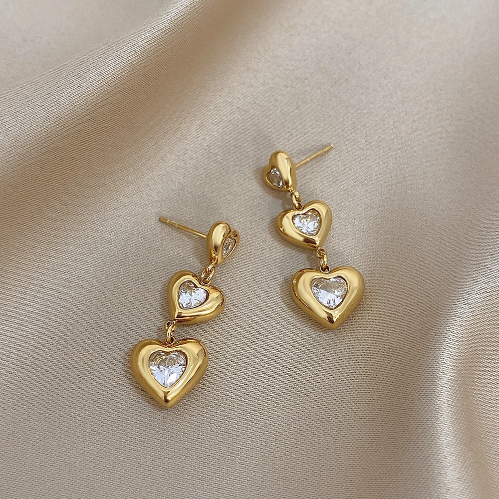 

DODOHAO Zircon 3 Love Heart Drop Earrings For Women Romantic Dangle Earrings Gold Color Fashion Stainess Steel Party Jewelry