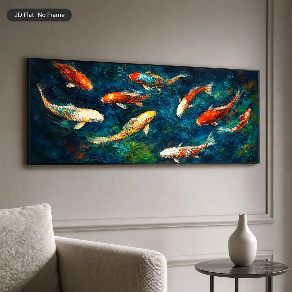Horizontal Koi Fish Canvas Wall Art,Nine Koi Print, Colorful Carp in Deep Blue Water,Wide Living Room Sofa Background Home Decor