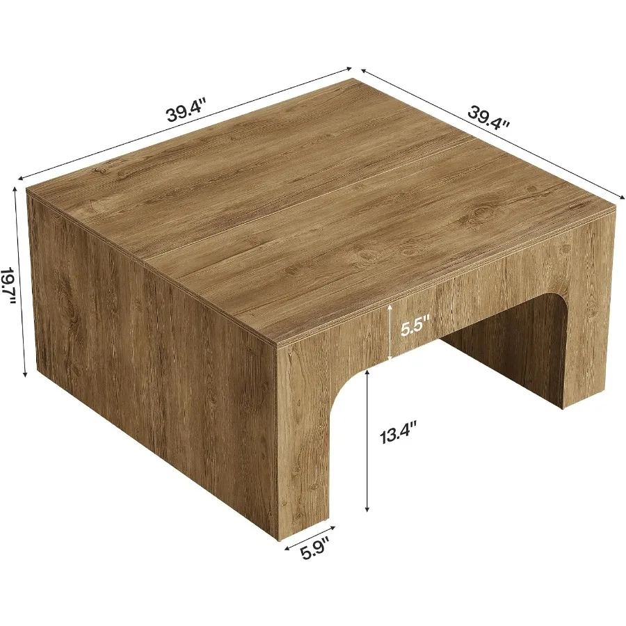 Living room square wooden coffee table, 39 farmhouse center cocktail table in natural wood tone with underside curves design an