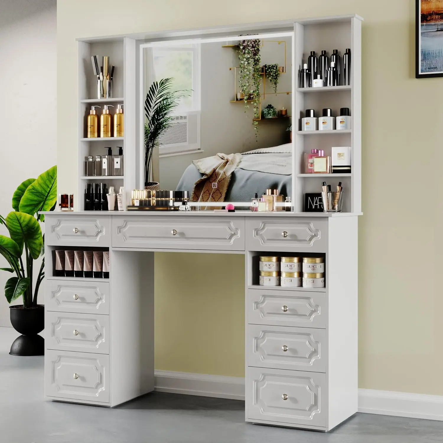 Extra Large Vanity Desk with Lighted Mirror Huge Desktop Makeup Vanity Table with 9 Drawers European Style Vanity Crystal