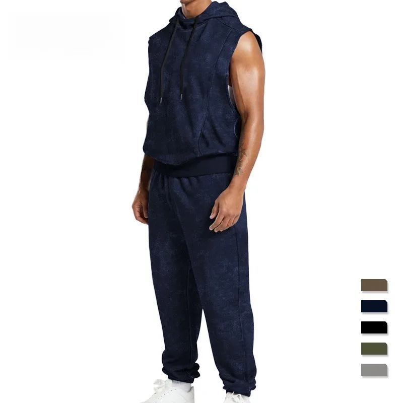2025 Men's Vintage Floral Streetwear Sleeveless Hooded Jumpsuit Recreational Sports Summer Outfit Set