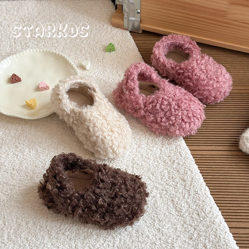 

Pink Curly Fur Mules For Baby Girl Winter Warm Plush Slipper Toddler Kid Boy Casual Pull-on Fluffy Cotton Shoe with Back Strap