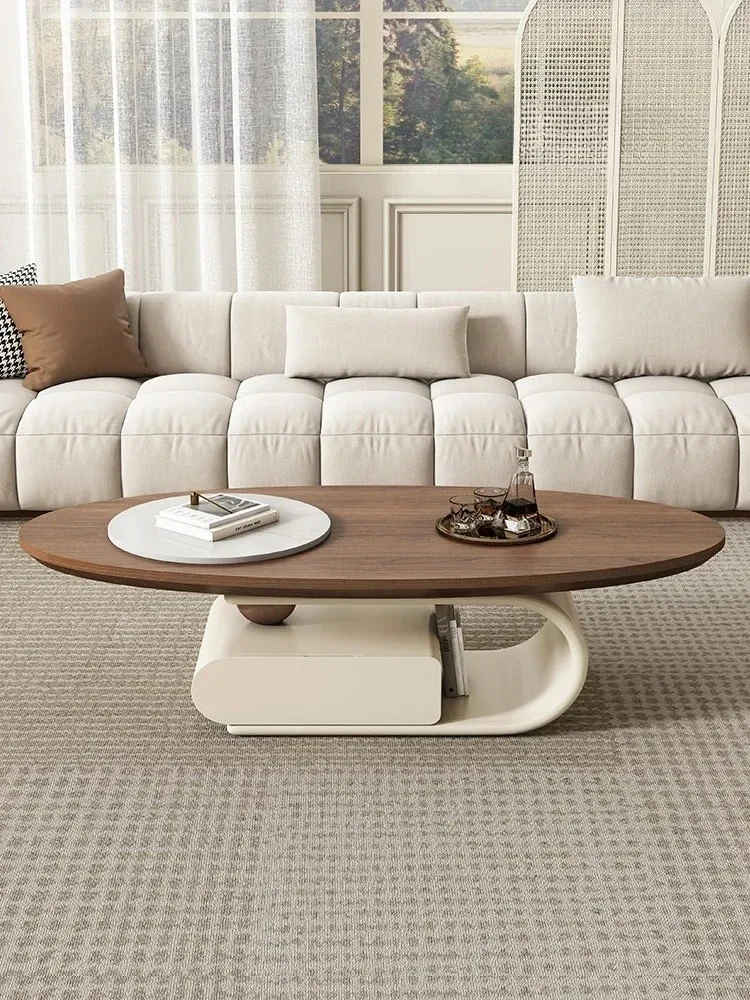 AAS Living Room Home Small Apartment Simple Solid Wood Oval Cream Style Light Luxury High-Grade Tea Table