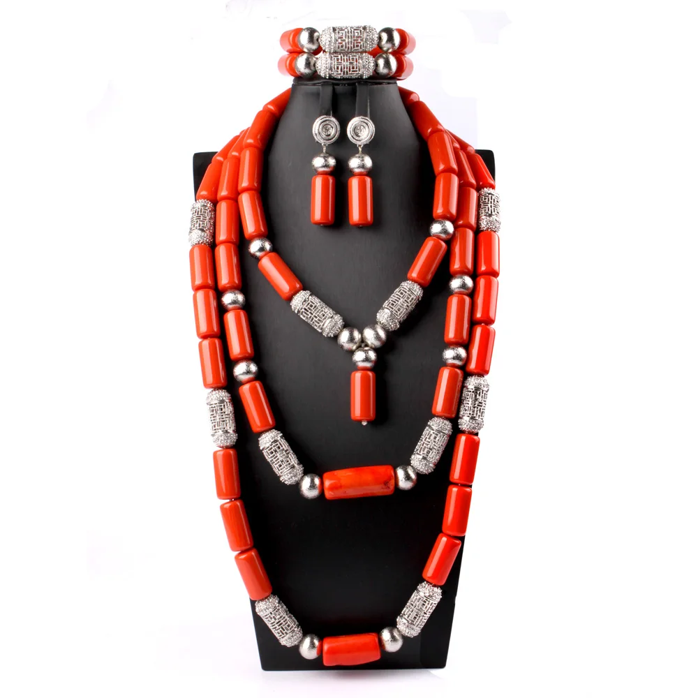 

New Nigerian Wedding Jewelry Set for Bride Luxury 3 Layers Artificial Coral Beads African Jewelry Set Coral and Silver ABS184