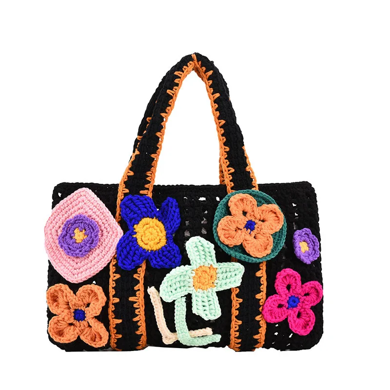 Women Tote Bag Floral Crochet Large Capacity Knitted Bag Trendy Handmade Cut-out Boho Bag Vintage Multicolor Hollow Out Handbag