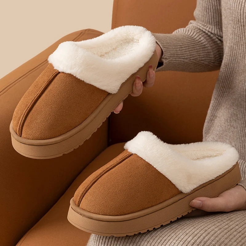 Winter Warm Flat Fur Slippers Women Faux Suede Fluffy Furry Home Slides Couples Comfort Non Slip Indoor Floor Cotton Shoes