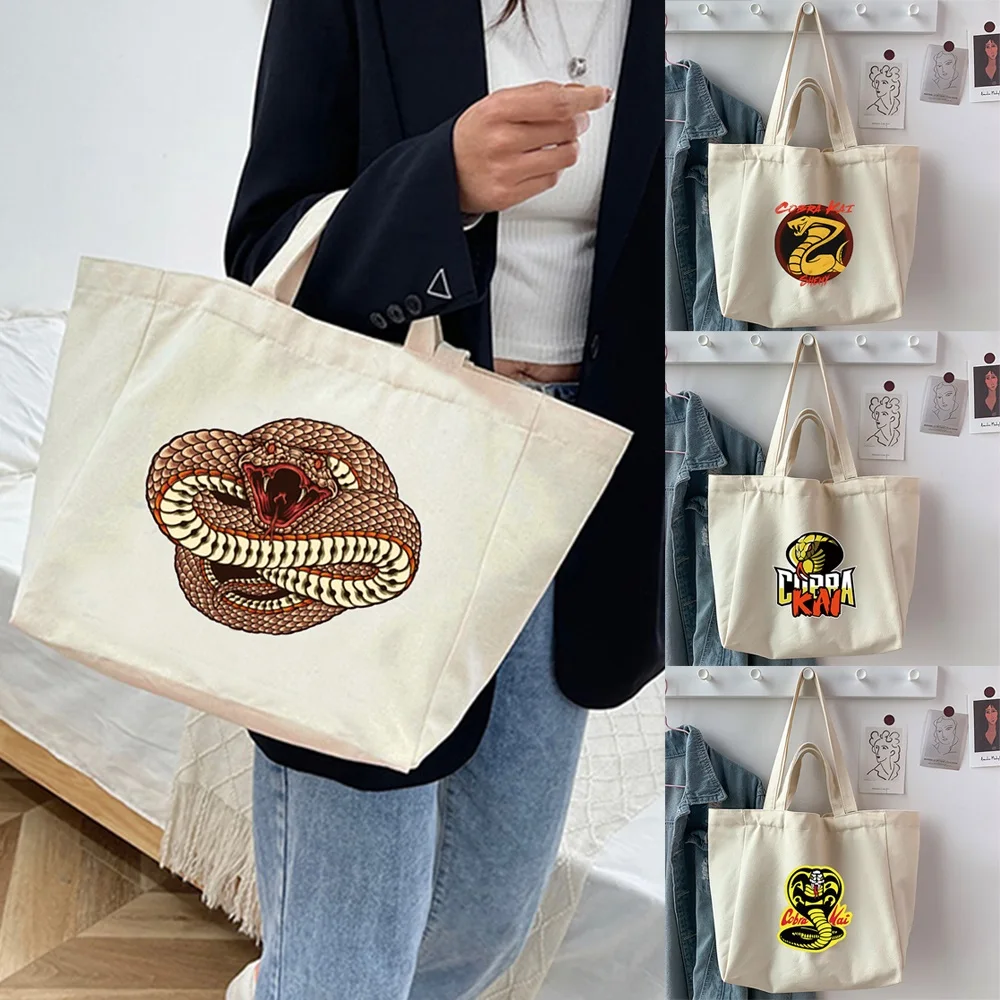 Women Canvas Shoulder Bag Cobra Print Ladies Casual Handbag Tote Bags Reusable Large Capacity Shopping Travel Work Bag