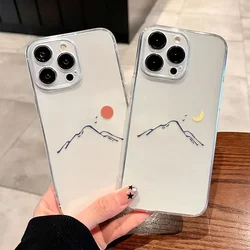 Simple Sun Moon Couple Phone Case for IPhone 11 12 13 14 16 15 Pro Max Mini X XS SE2 7 8 Plus Line Mountain Scenery Clear Covers