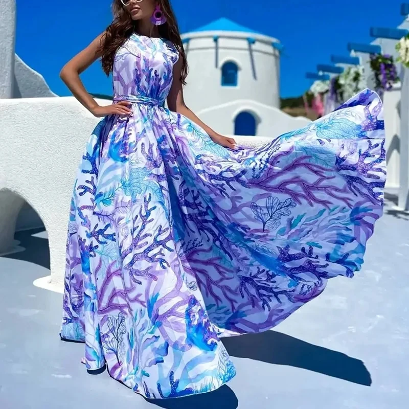 

Casual Swing Vacation Dress Fashion Contrast Color Printed Pleated Evening Dress Summer Sleeveless High Waist Beach Party Dress