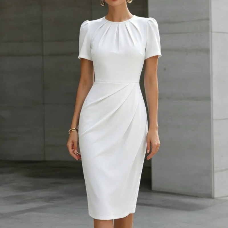 2026 New Summer Hot Selling Round Neck Pleated Waist Cinched Simple Half Sleeved Dress for Women