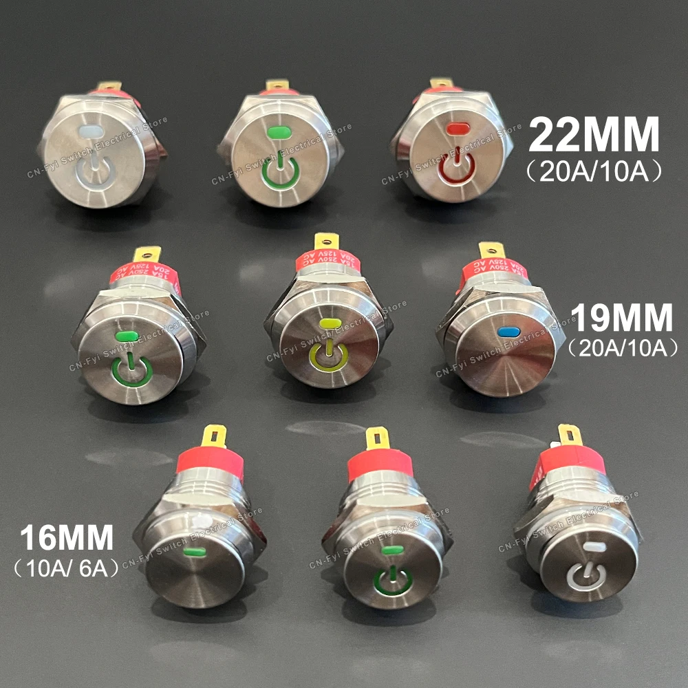 16/19/22MM Metal Button Rocker Switch Stainless Steel 12V 20A Self-locking Two Positions Car Toggle Switches ON-OFF 220V 15A