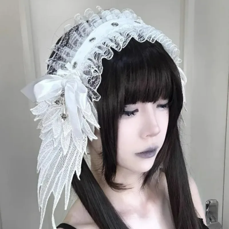 

Women Harajuku Steampunk Hairband Y2K Wing Headwear Bow Headband Lolita Gothic Dark Angel Headwear and Hair Accessories