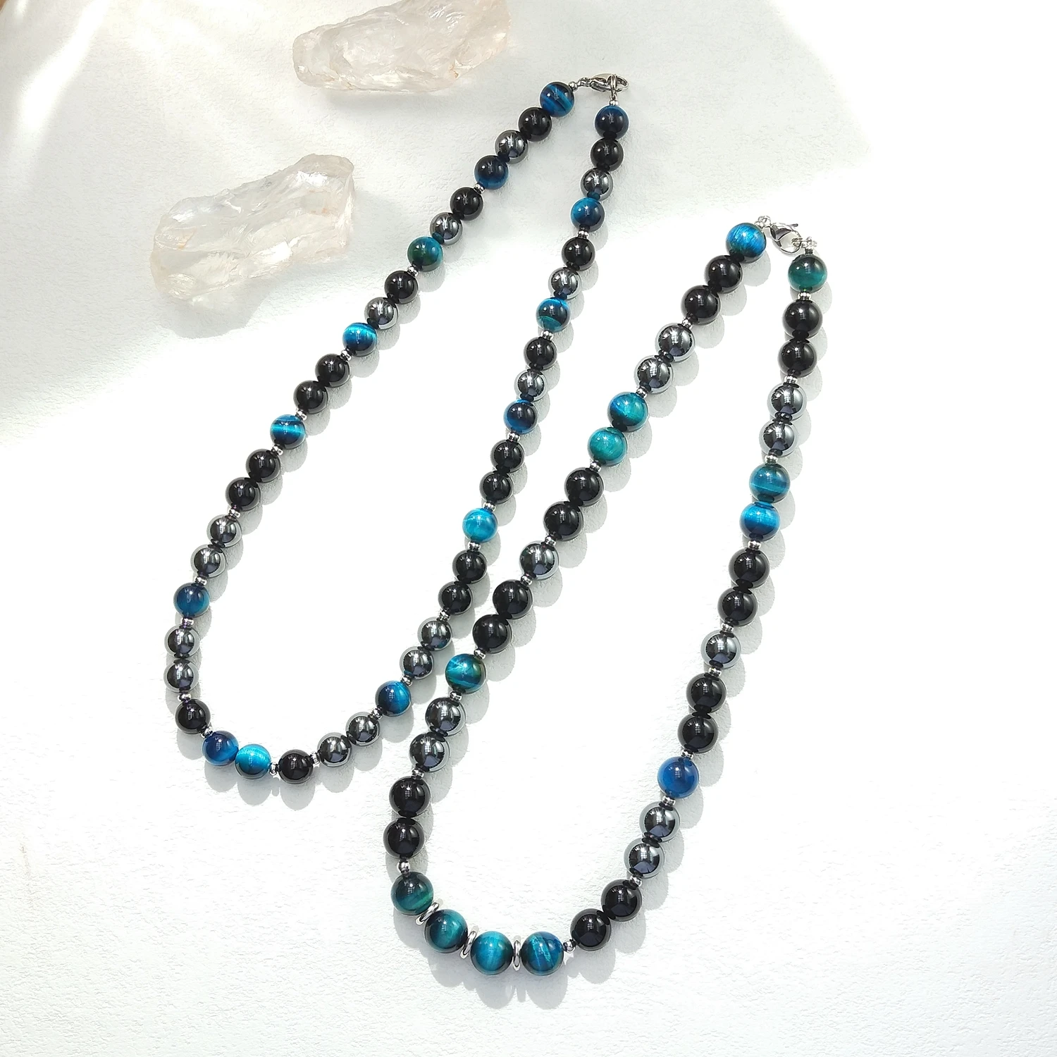 Lii Ji 10mm/12mm Light Blue Tiger's Eye Hematite Black Agate Multi Stone Stainless Steel Necklace 52cm Trendy Necklace For Male