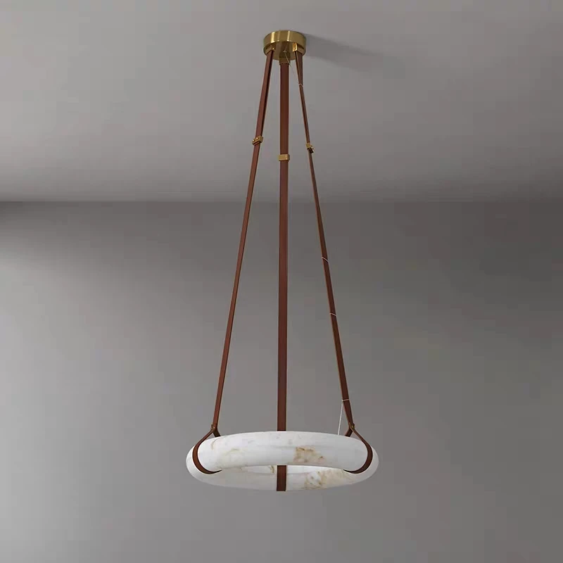 Custom-Made Circular Marble Light Fixtures High-Style Indoor All-copper Leather Dining Room Chandelier Living Room Ceiling Light