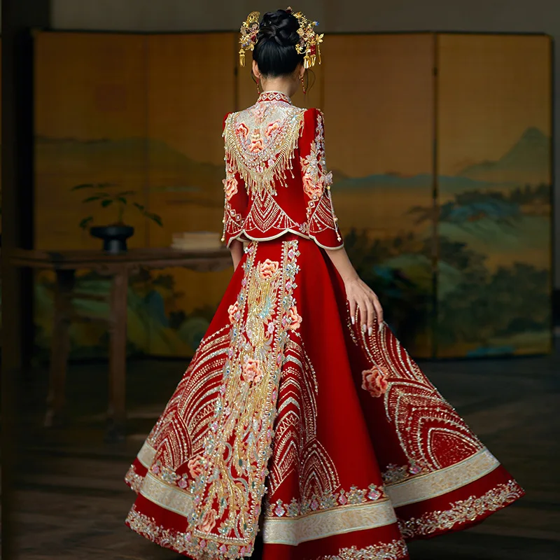 Retro Classical Chinese Traditional Xiuhe Costume Bride Wedding Dress Qipao Exquisite Embroidery Phoenix Hanfu Oriental Clothing