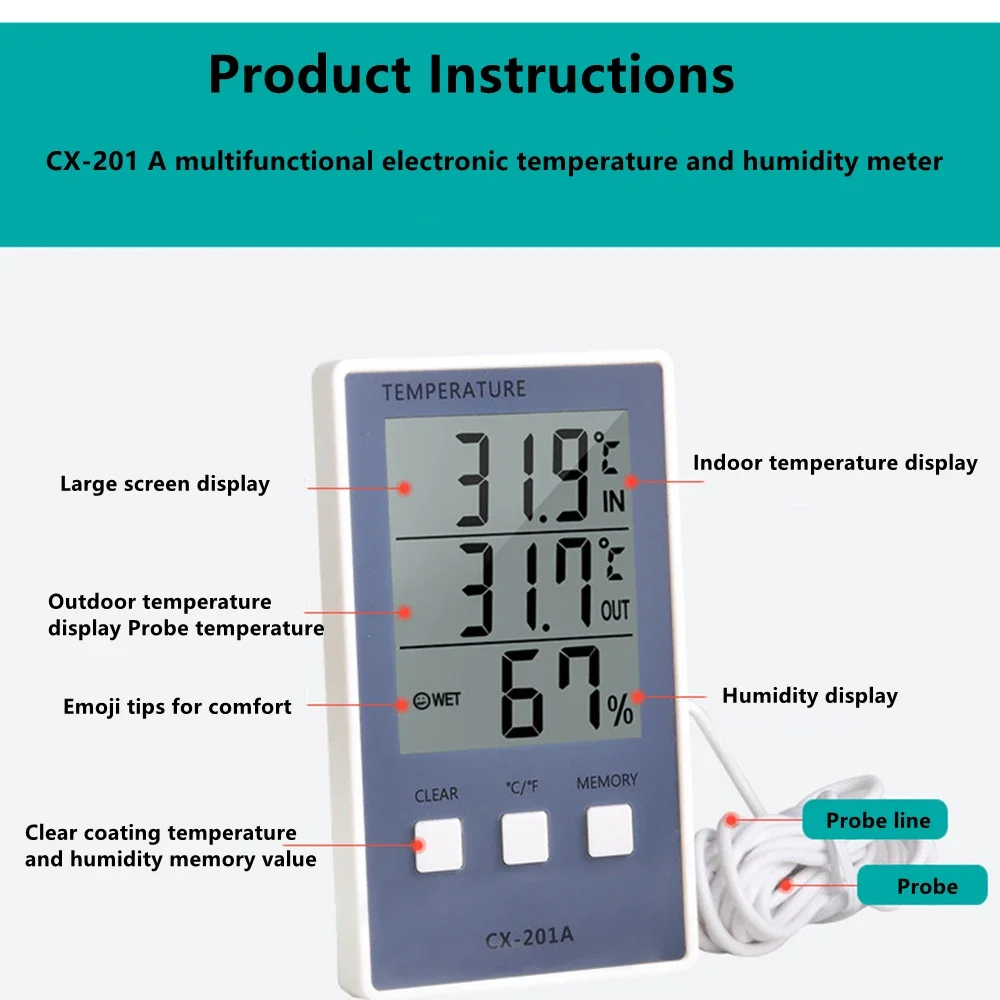 CX-201A Digital LCD Thermometer Hygrometer Indoor Outdoor Temperature Humidity Meter C/F Display Sensor Probe Weather Station