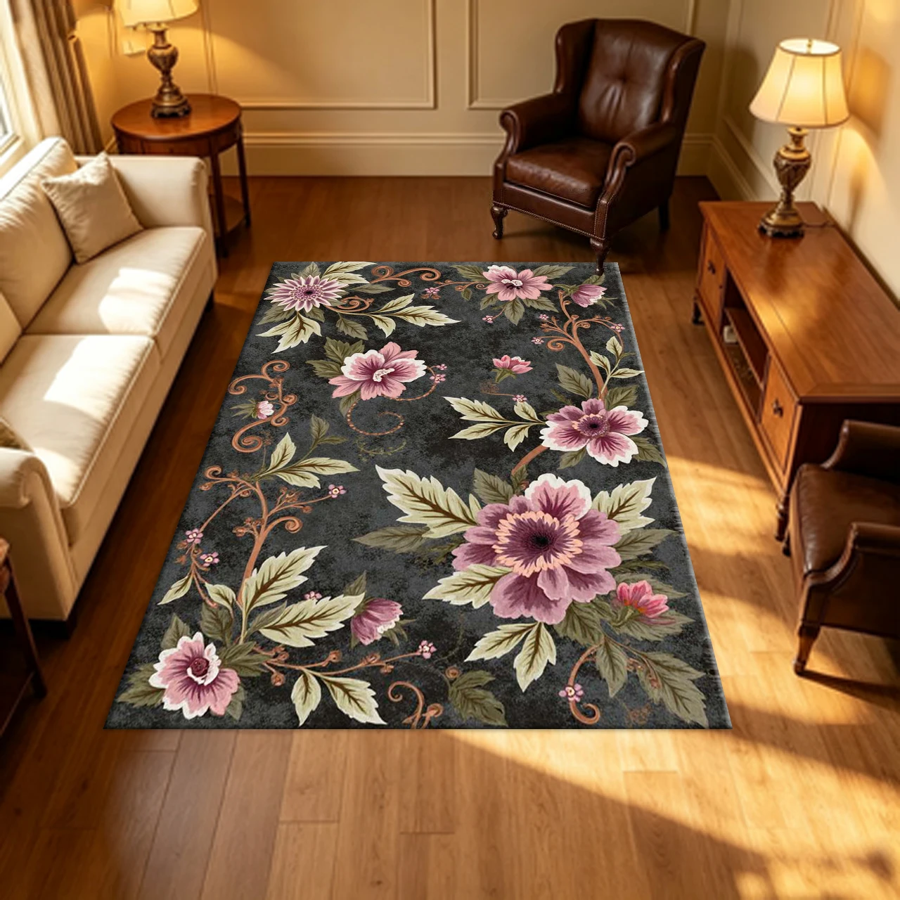 Vintage Dark Background Pink Peony Floral Carpet Flooring Retro Curly Vine Print Household Living Indoor Decor Floor Area Rug
